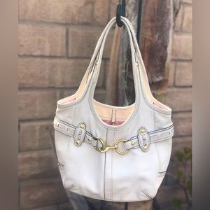 COACH Off-White Purse w/Brass Trim & Pink Coach Lining ~ Loved/Used Condition
